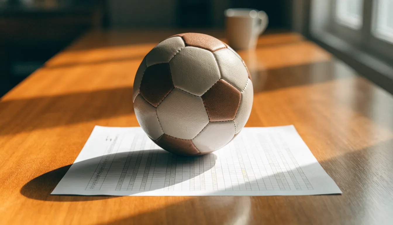 Un pallone da calcio appoggiato su una schedina bianca su un tavolo di legno, alla luce del giorno