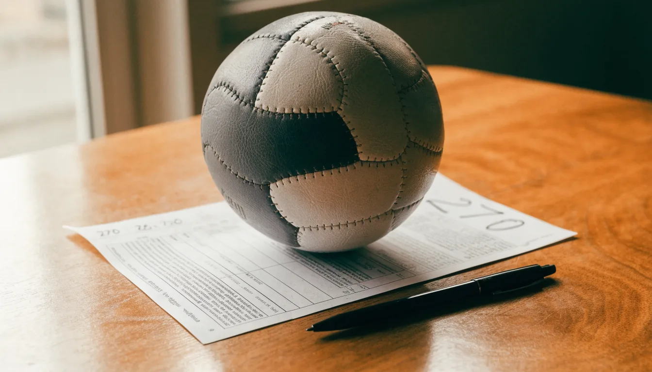 Un pallone da calcio appoggiato su una schedina bianca su un tavolo di legno, alla luce del giorno