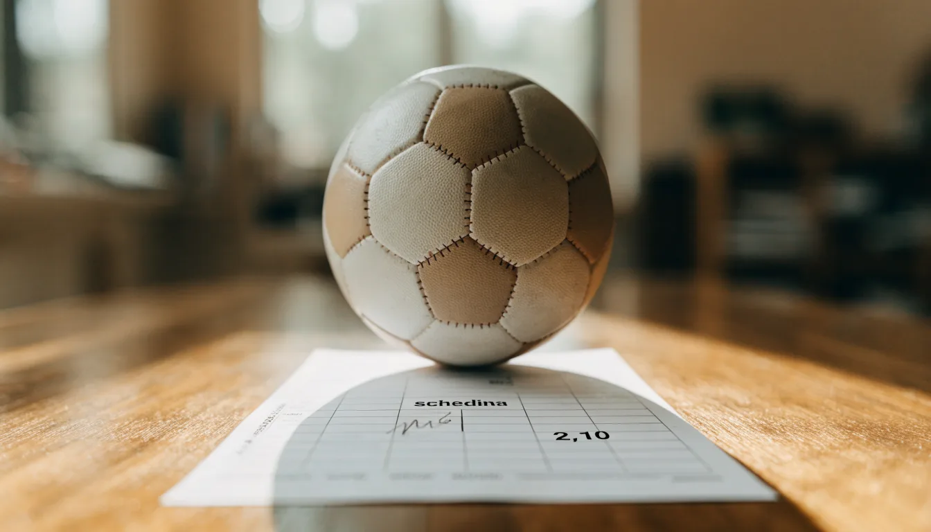 Un pallone da calcio appoggiato su una schedina bianca su un tavolo di legno, alla luce del giorno