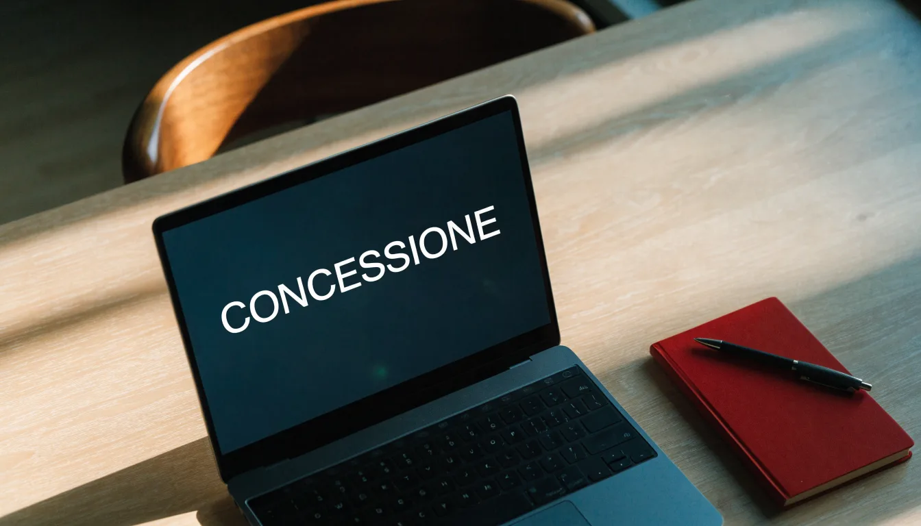 Un foglio di concessione in carta con un timbro rosso, appoggiato su una scrivania di legno accanto a una penna