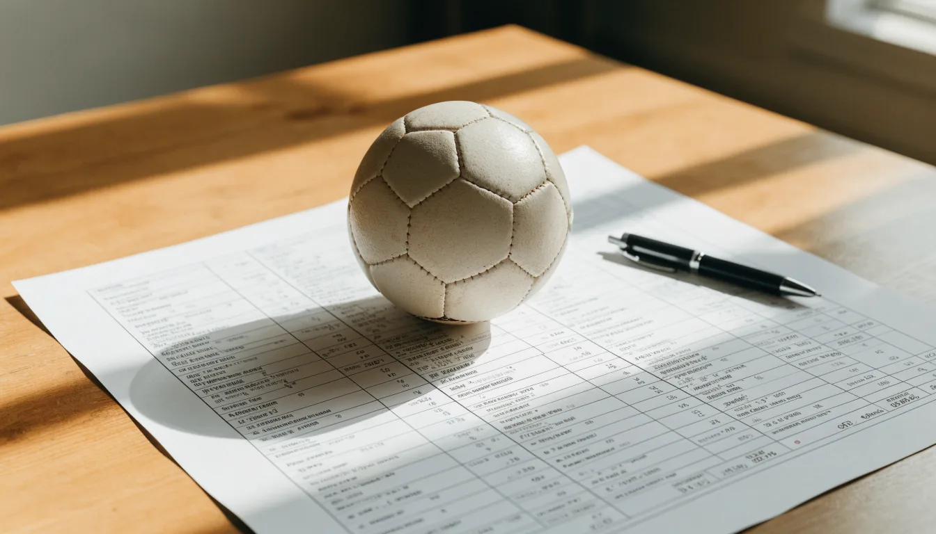 Un pallone da calcio appoggiato su una schedina bianca su un tavolo di legno, alla luce del giorno