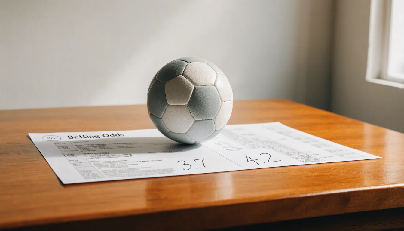 Un pallone da calcio appoggiato su una schedina bianca su un tavolo di legno, alla luce del giorno