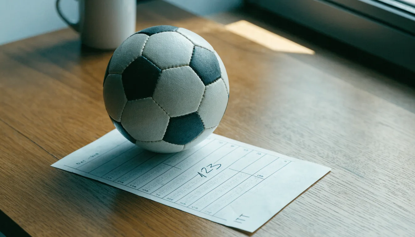 Un pallone da calcio appoggiato su una schedina bianca su un tavolo di legno, alla luce del giorno