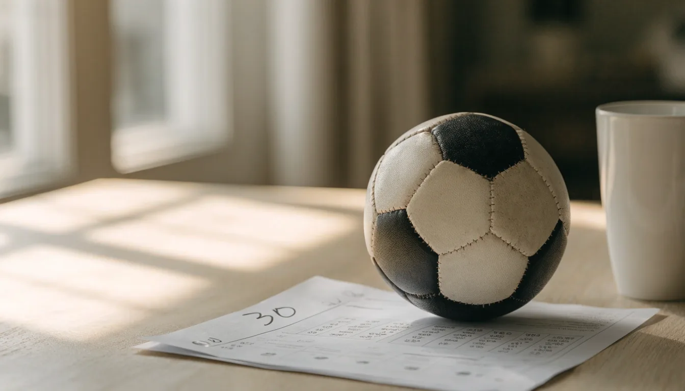 Un pallone da calcio appoggiato su una schedina bianca su un tavolo di legno, alla luce del giorno