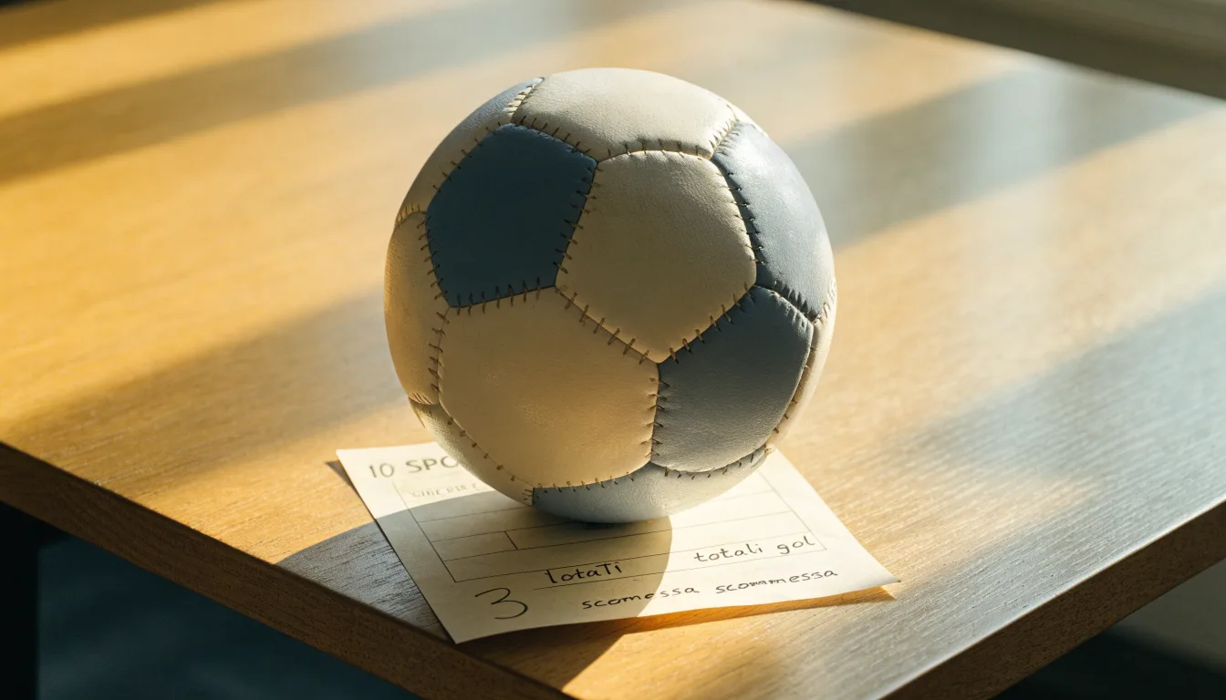 Un pallone da calcio appoggiato su una schedina bianca su un tavolo di legno, alla luce del giorno