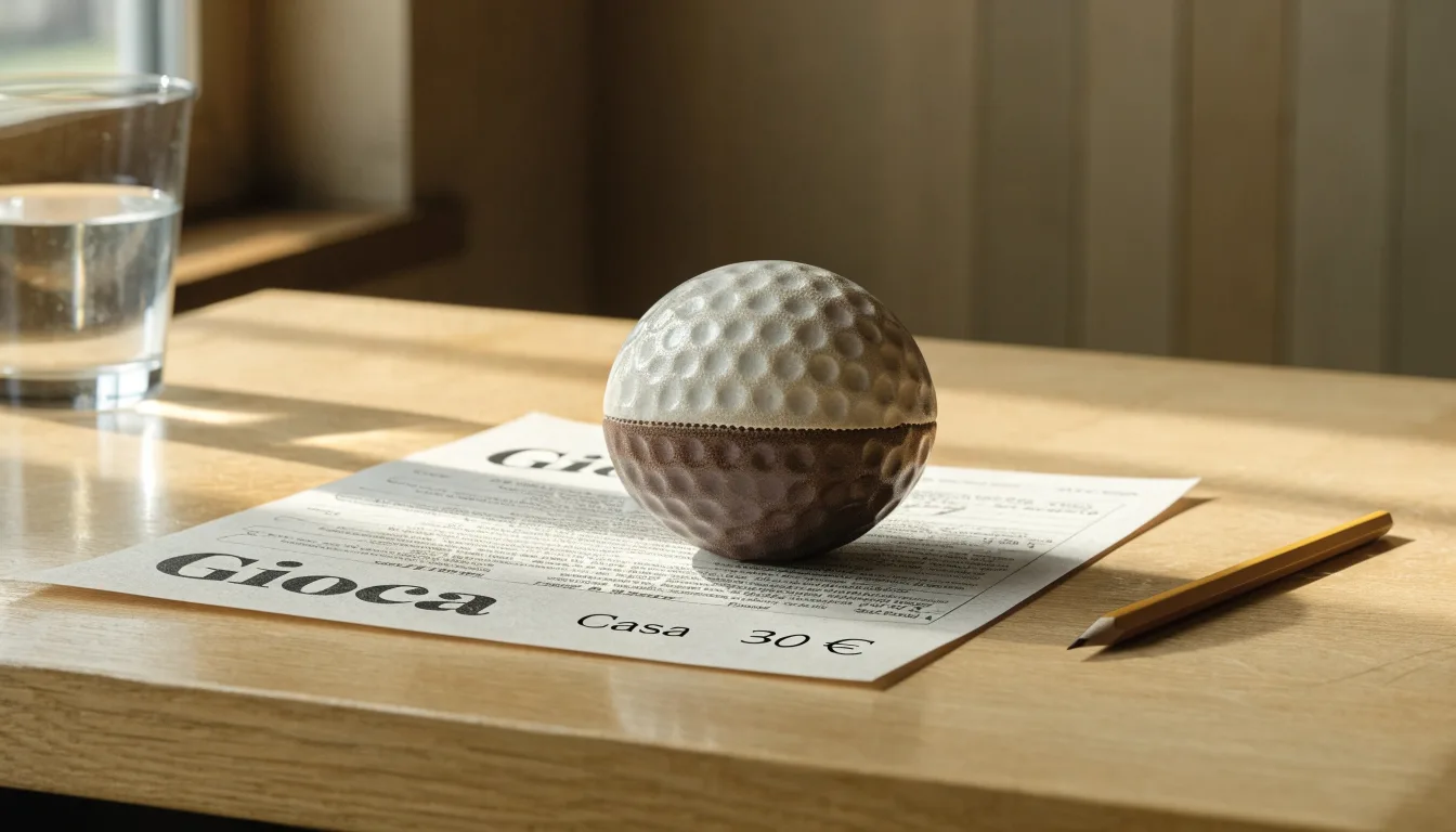 Un pallone da calcio appoggiato su una schedina bianca su un tavolo di legno, alla luce del giorno