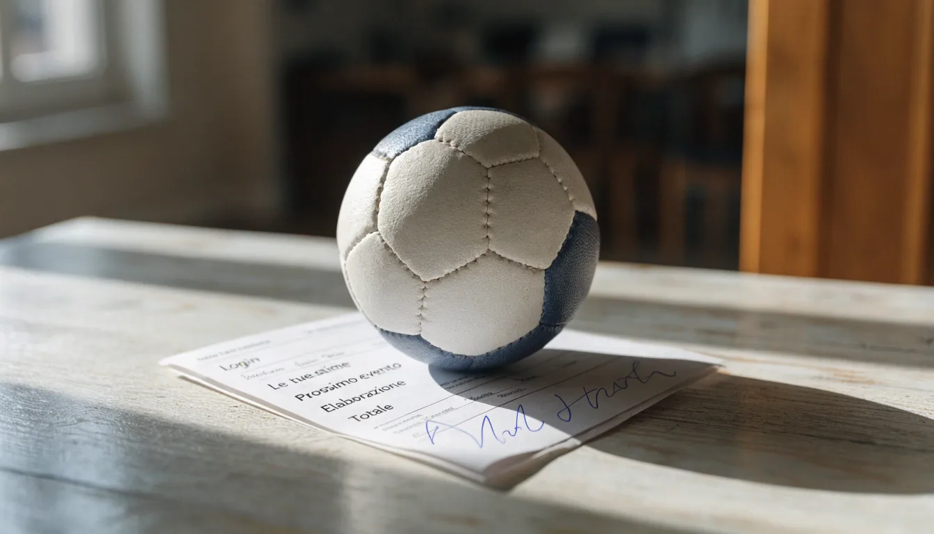 Un pallone da calcio appoggiato su una schedina bianca su un tavolo di legno, alla luce del giorno