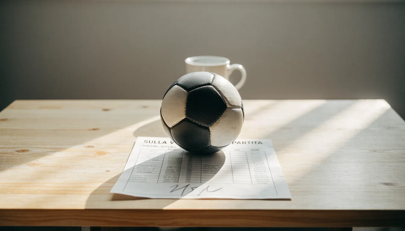Un pallone da calcio appoggiato su una schedina bianca su un tavolo di legno, alla luce del giorno