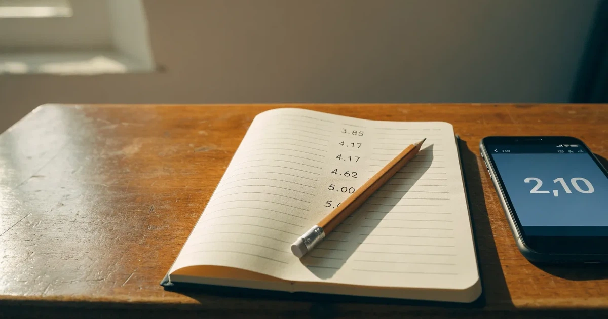 Un quaderno aperto con quote scritte a mano, una calcolatrice e una matita su un tavolo di legno