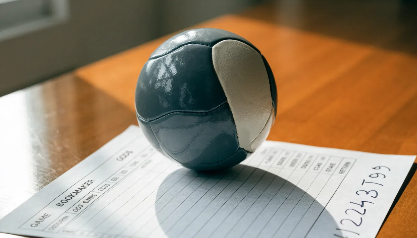 Un pallone da calcio appoggiato su una schedina bianca su un tavolo di legno, alla luce del giorno