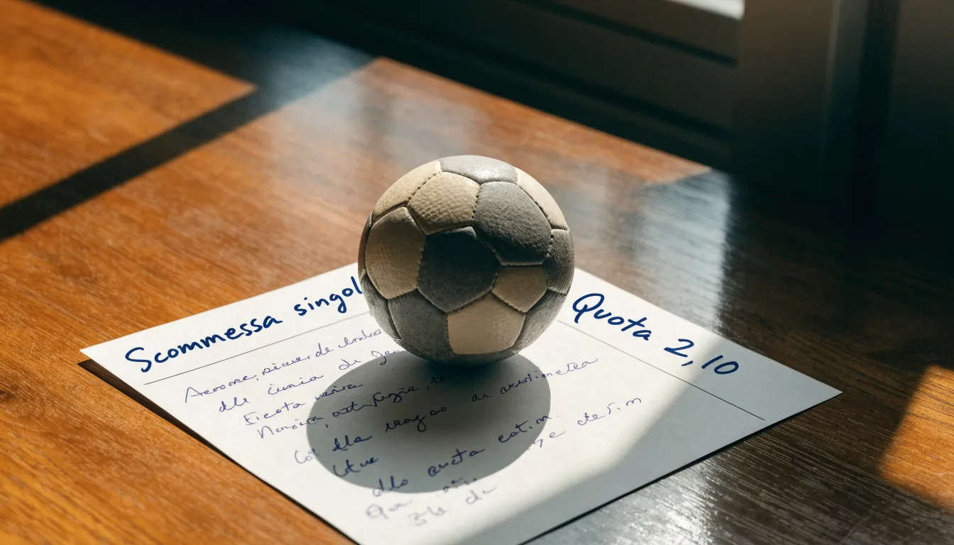 Un pallone da calcio appoggiato su una schedina bianca su un tavolo di legno, alla luce del giorno