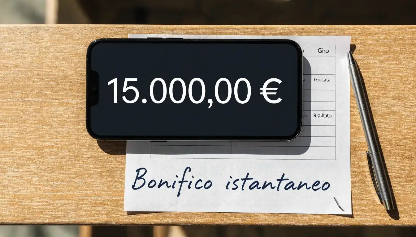 Un foglio di concessione in carta con un timbro rosso, appoggiato su una scrivania di legno accanto a una penna