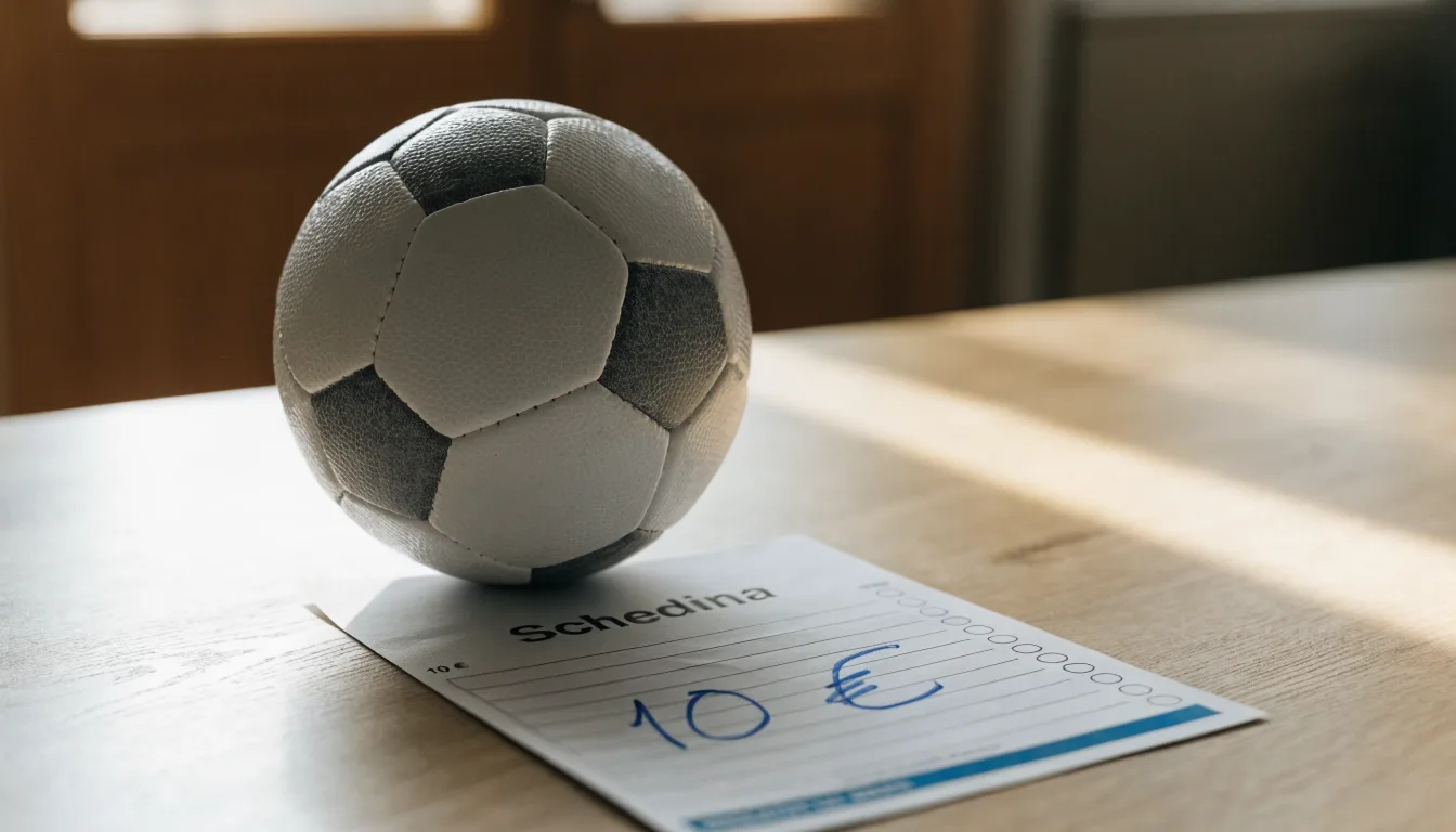 Un pallone da calcio appoggiato su una schedina bianca su un tavolo di legno, alla luce del giorno