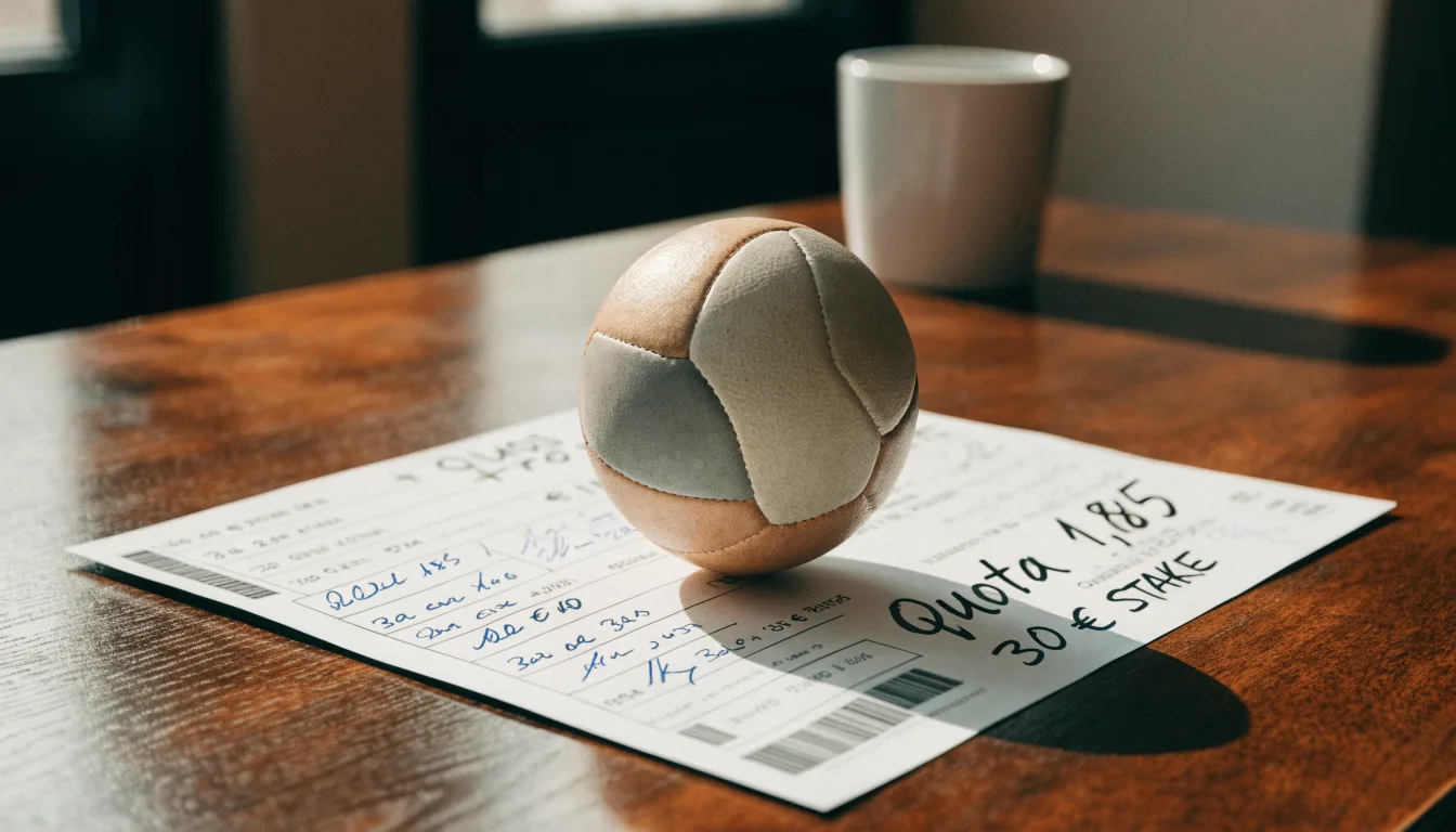 Un pallone da calcio appoggiato su una schedina bianca su un tavolo di legno, alla luce del giorno