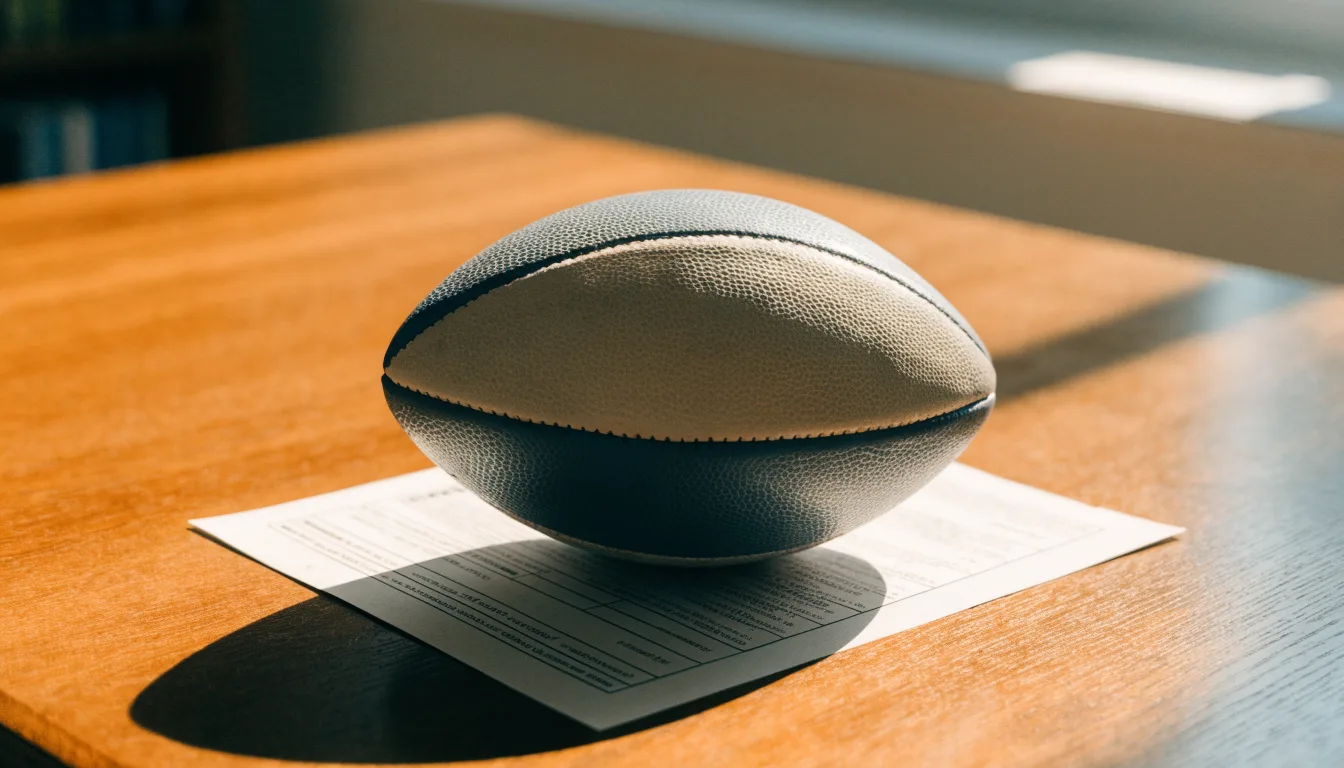 Un pallone da calcio appoggiato su una schedina bianca su un tavolo di legno, alla luce del giorno