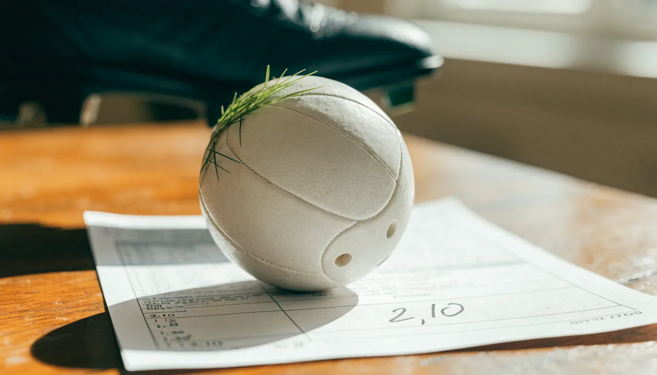 Un pallone da calcio appoggiato su una schedina bianca su un tavolo di legno, alla luce del giorno