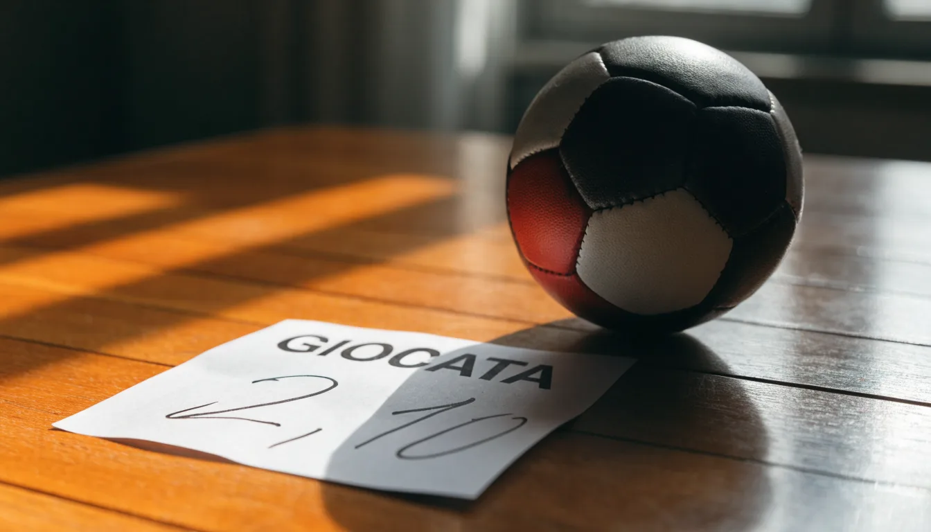 Un pallone da calcio appoggiato su una schedina bianca su un tavolo di legno, alla luce del giorno