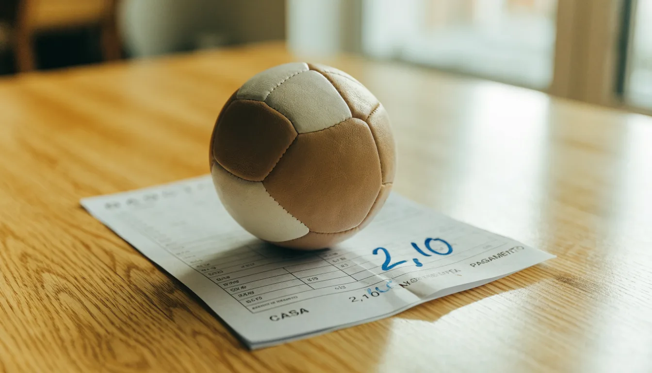 Un pallone da calcio appoggiato su una schedina bianca su un tavolo di legno, alla luce del giorno