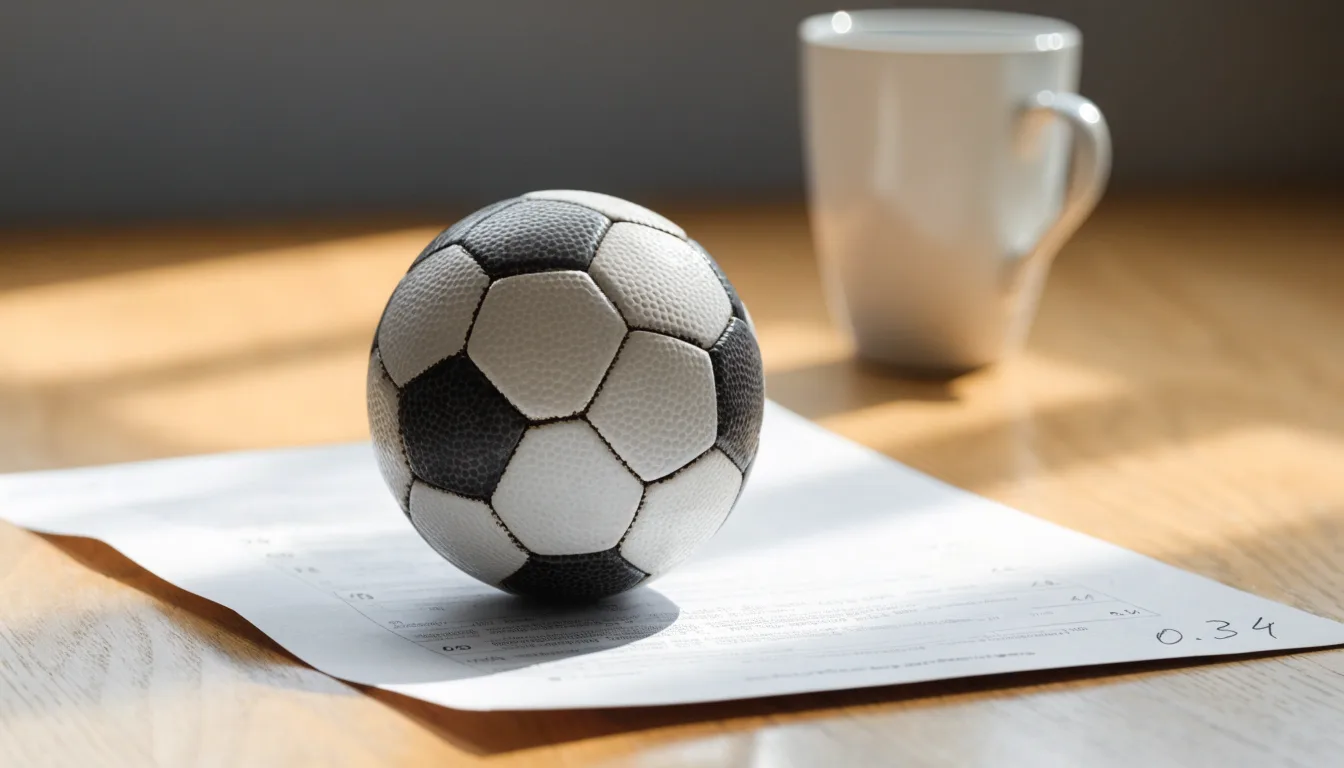 Un pallone da calcio appoggiato su una schedina bianca su un tavolo di legno, alla luce del giorno