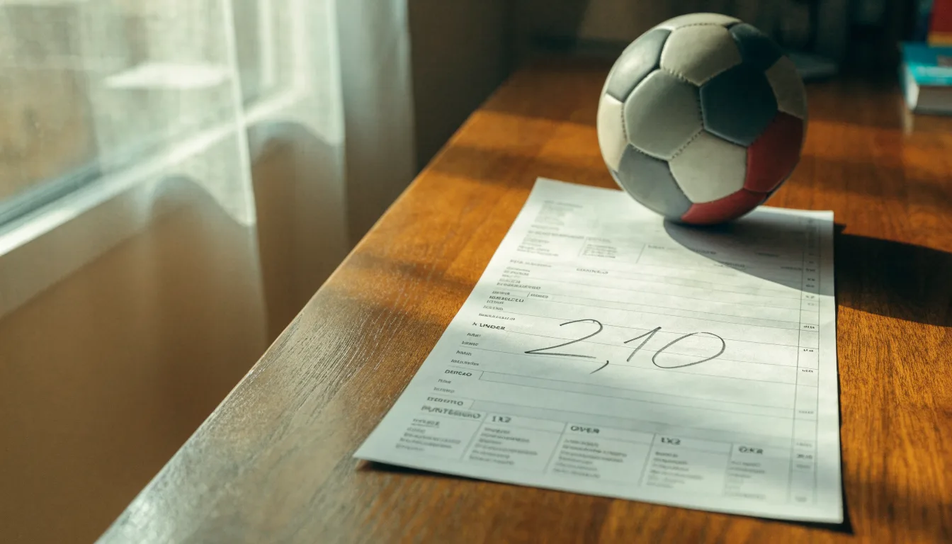 Un pallone da calcio appoggiato su una schedina bianca su un tavolo di legno, alla luce del giorno