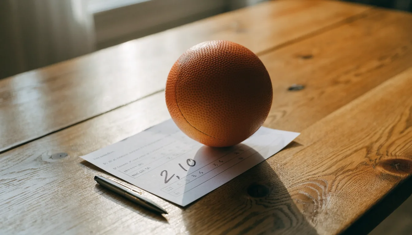 Un pallone da calcio appoggiato su una schedina bianca su un tavolo di legno, alla luce del giorno