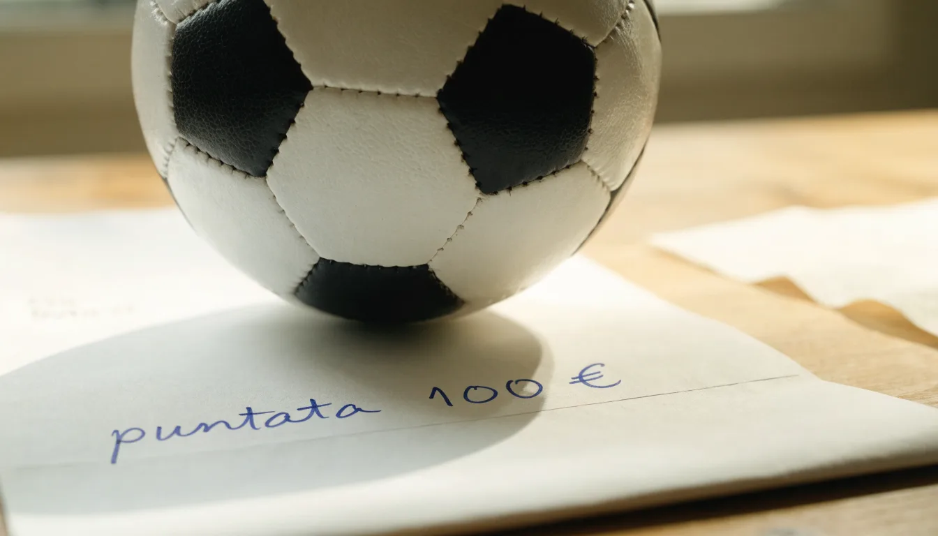 Un pallone da calcio appoggiato su una schedina bianca su un tavolo di legno, alla luce del giorno
