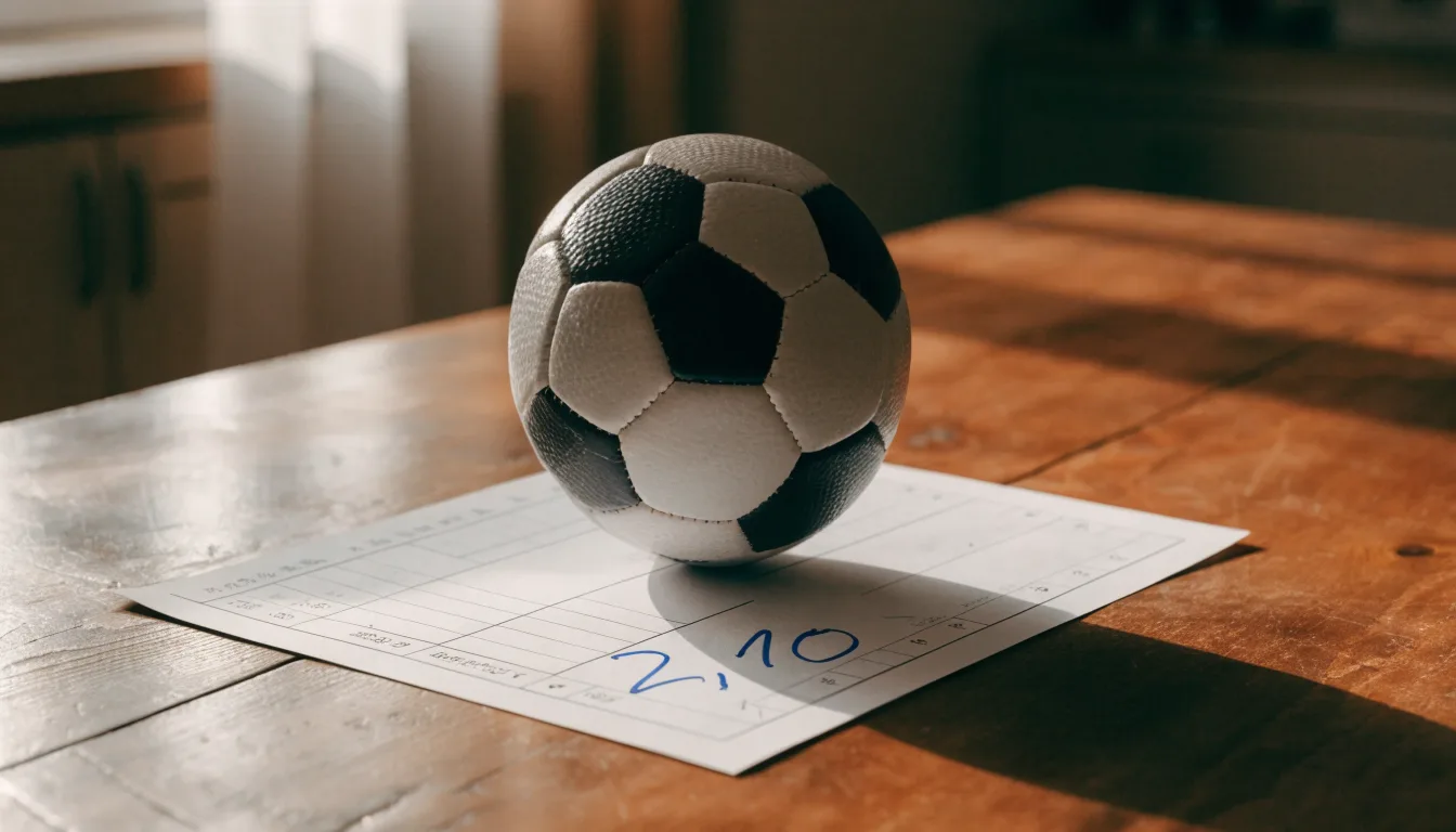 Un pallone da calcio appoggiato su una schedina bianca su un tavolo di legno, alla luce del giorno