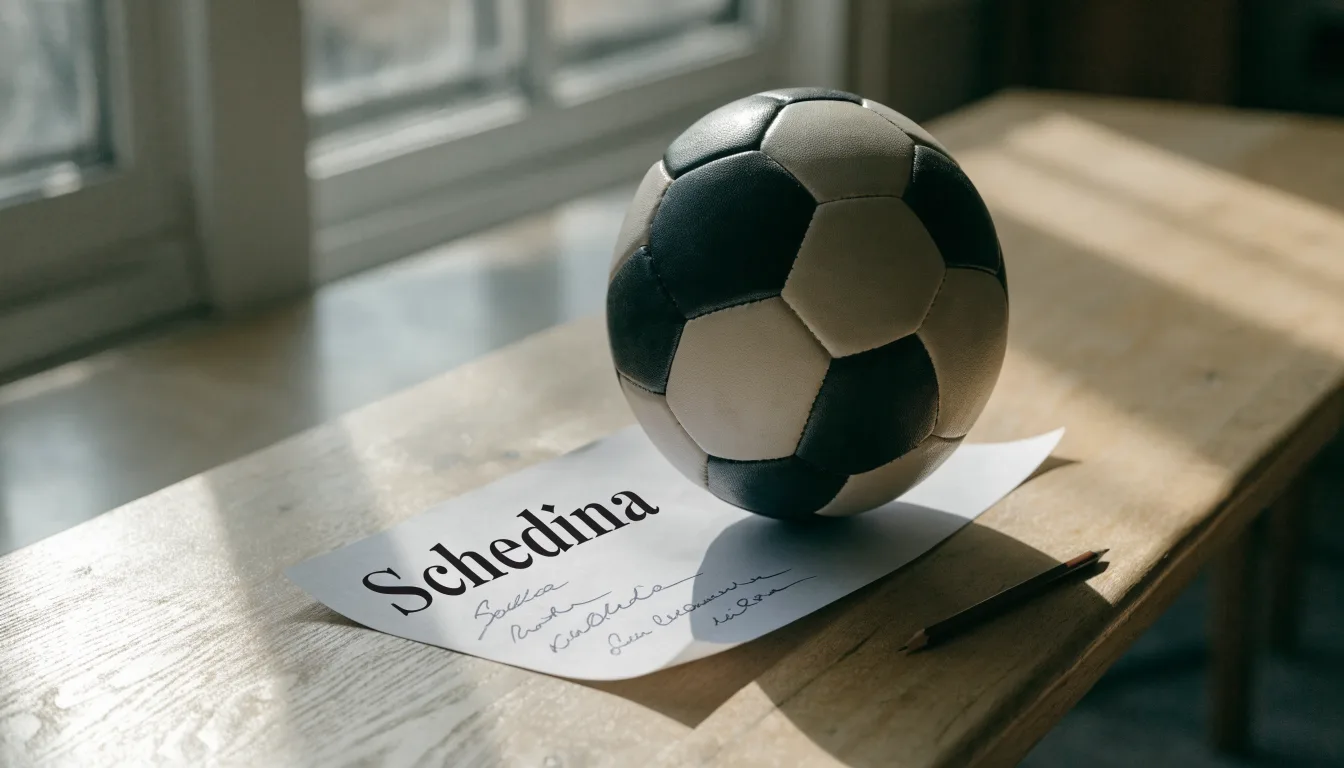 Un pallone da calcio appoggiato su una schedina bianca su un tavolo di legno, alla luce del giorno